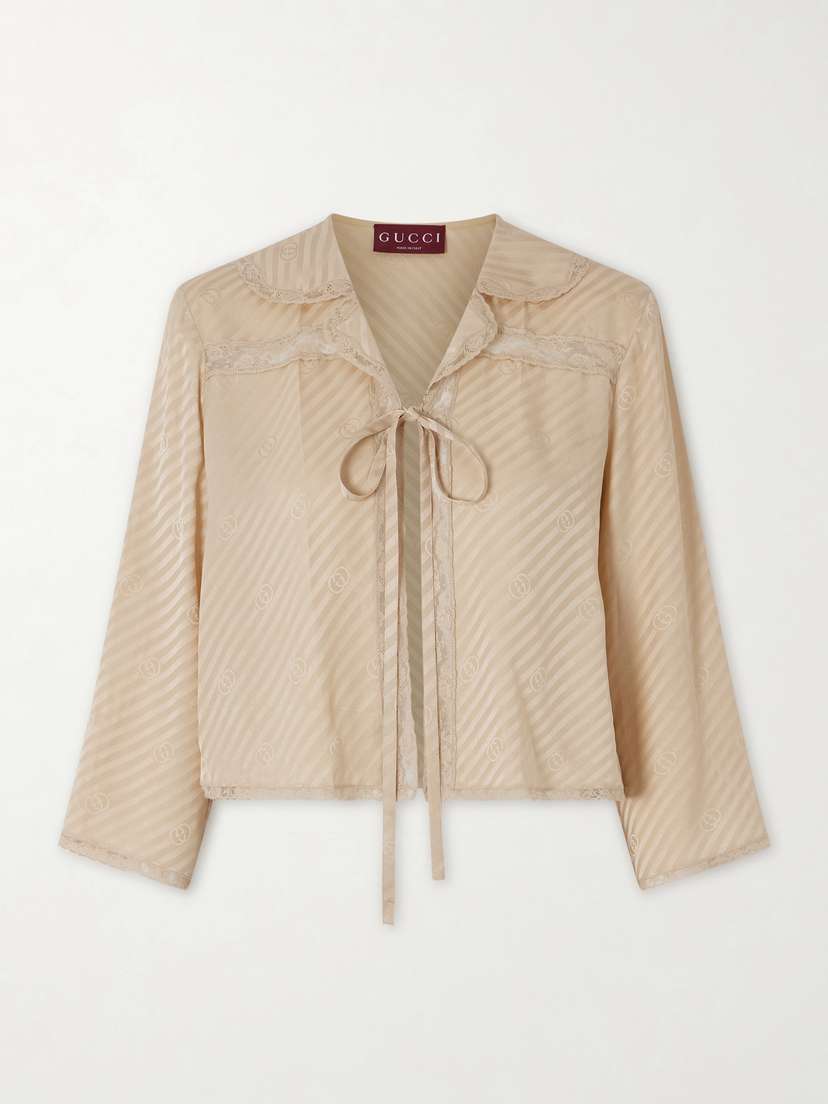 Gucci Lace-up Striped Silk-jacquard Blouse