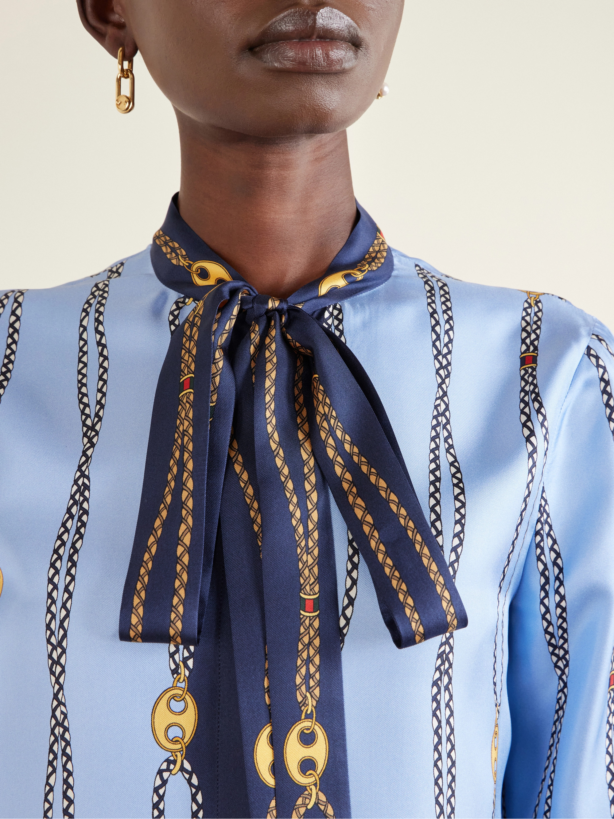 Gucci Marina Waves pussy-bow printed silk-twill shirt thumbnail