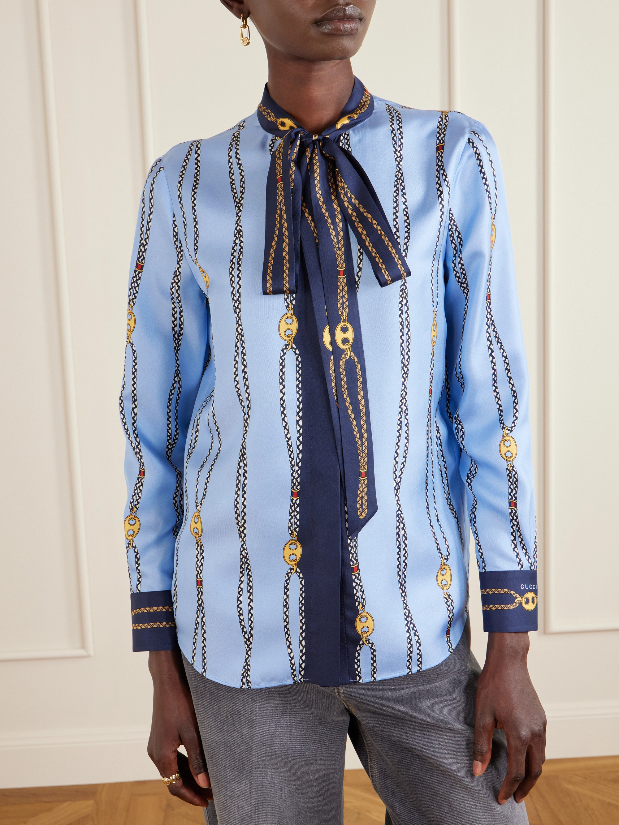 Gucci Marina Waves pussy-bow printed silk-twill shirt