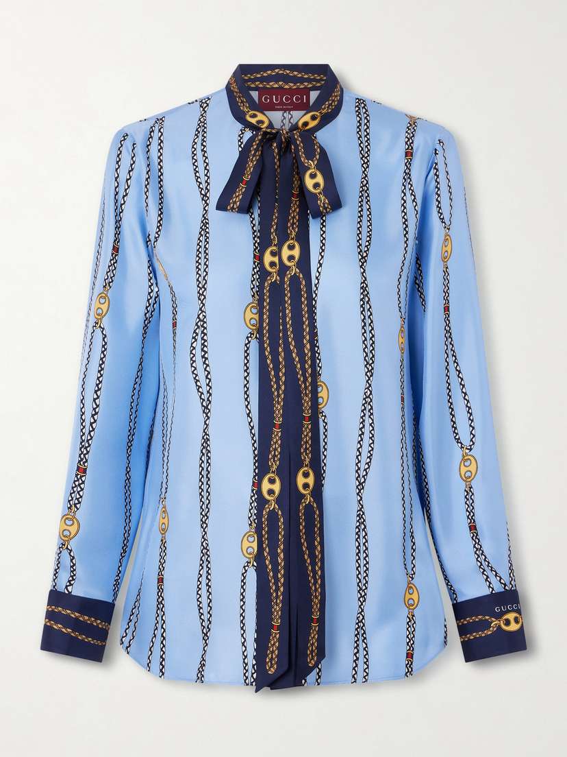 Gucci Marina Waves Pussy-bow Printed Silk-twill Shirt