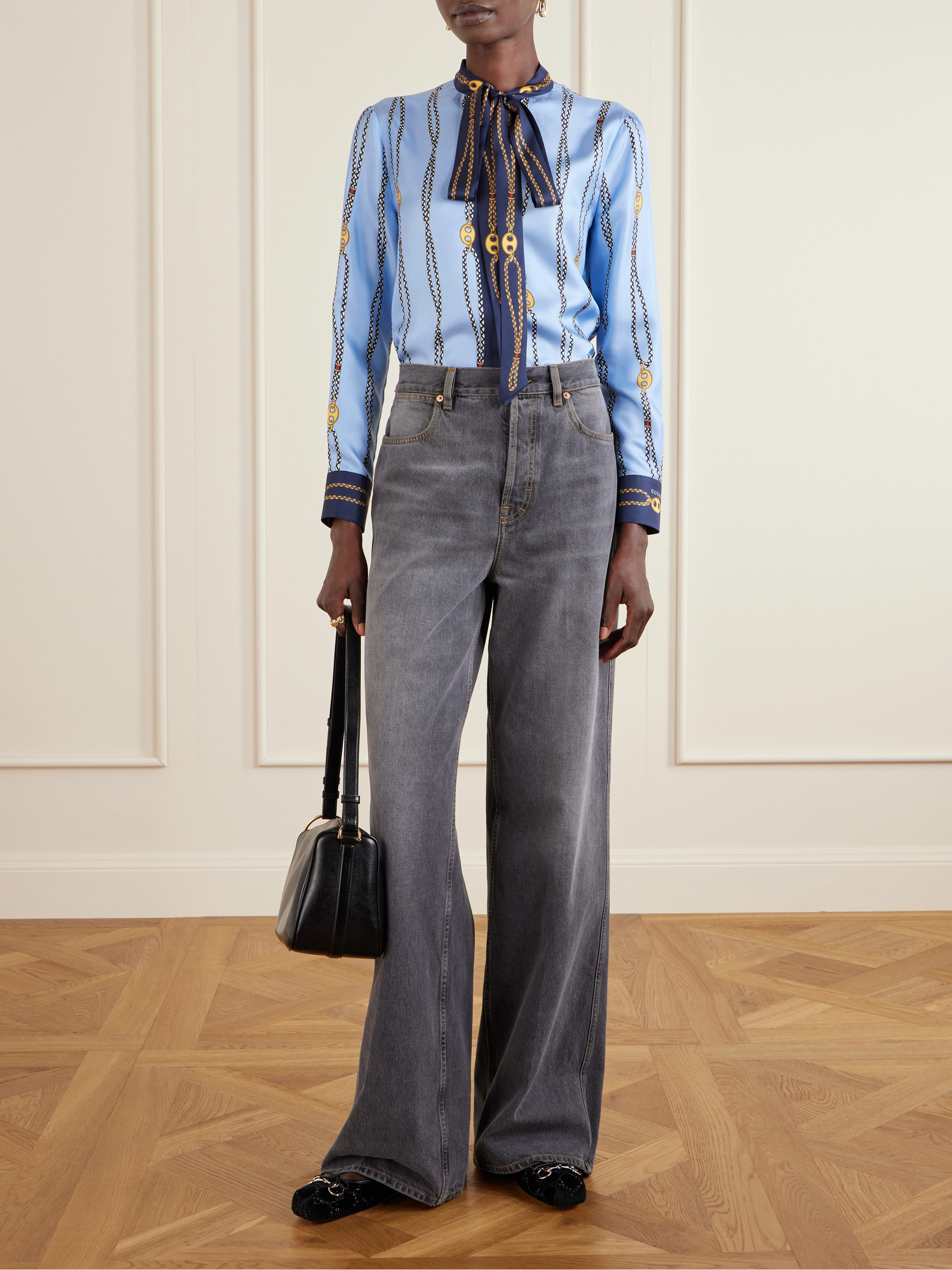 Gucci Marina Waves pussy-bow printed silk-twill shirt thumbnail