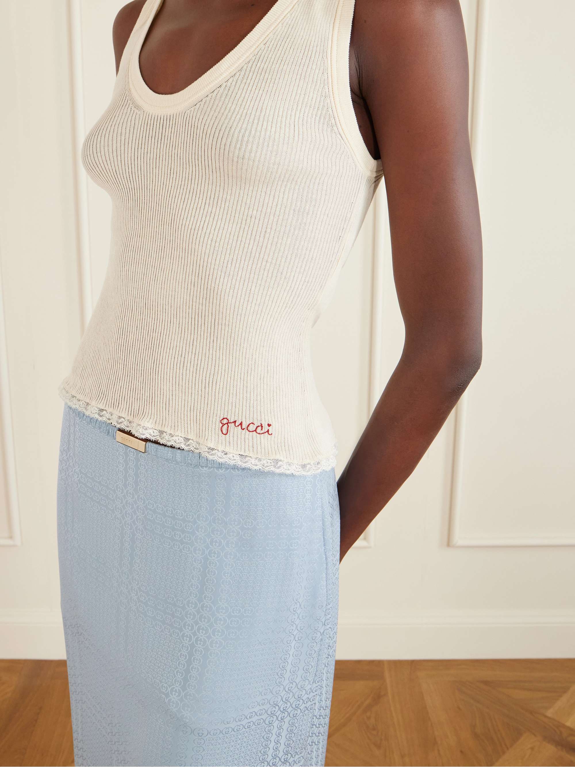 GUCCI Embroidered lace-trimmed ribbed-knit cotton tank top | NET-A