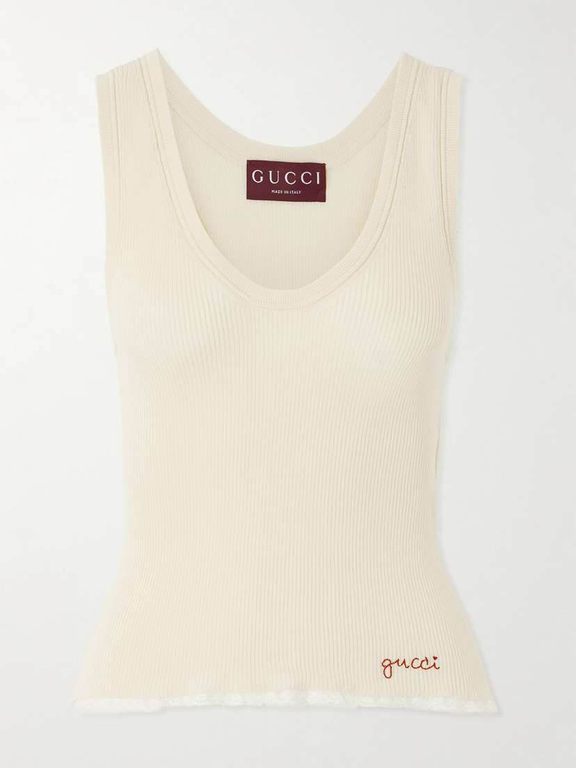 Gucci Embroidered Lace-trimmed Ribbed-knit Cotton Tank Top