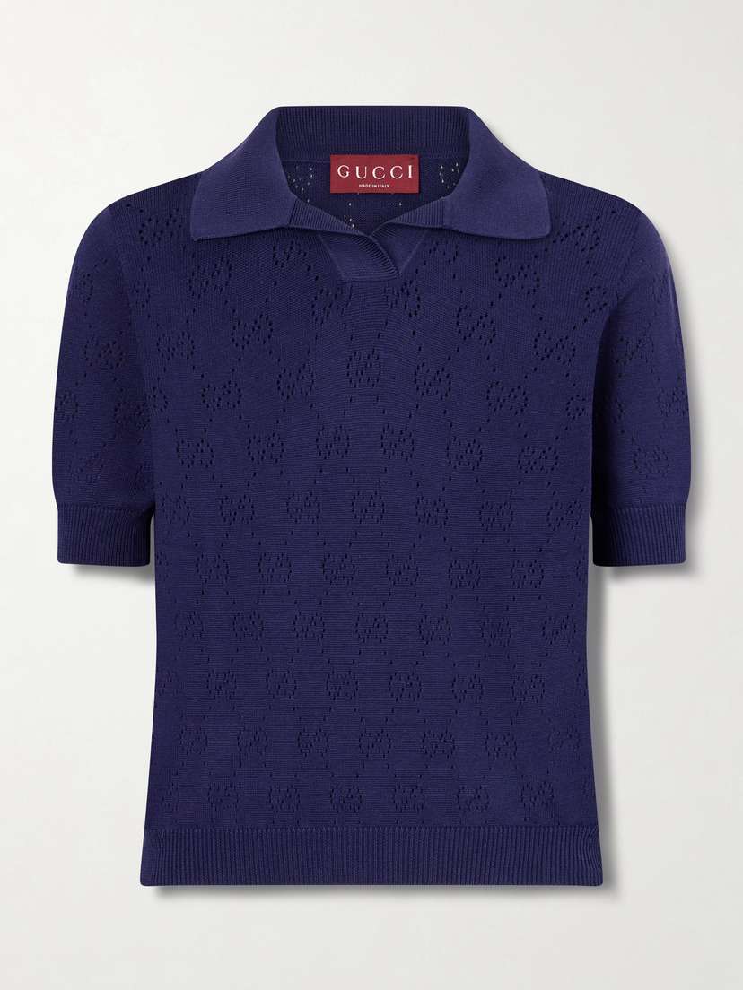 Gucci Perforated Silk And Cotton-blend Polo Top