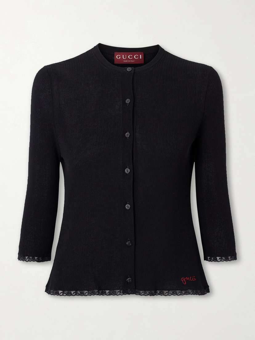 Gucci Embroidered Lace-trimmed Ribbed-knit Cotton Cardigan