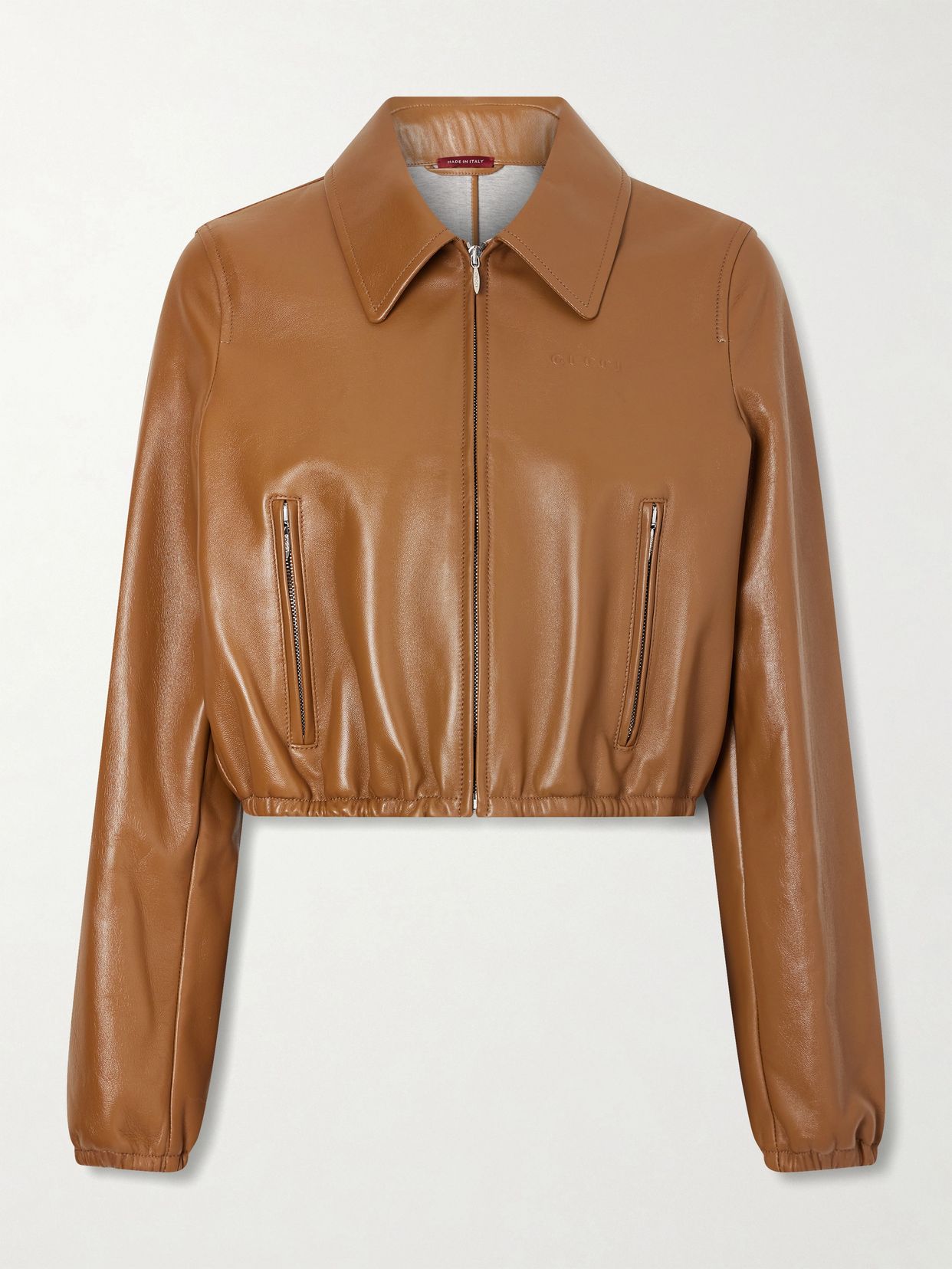 Cropped embossed leather bomber jacket