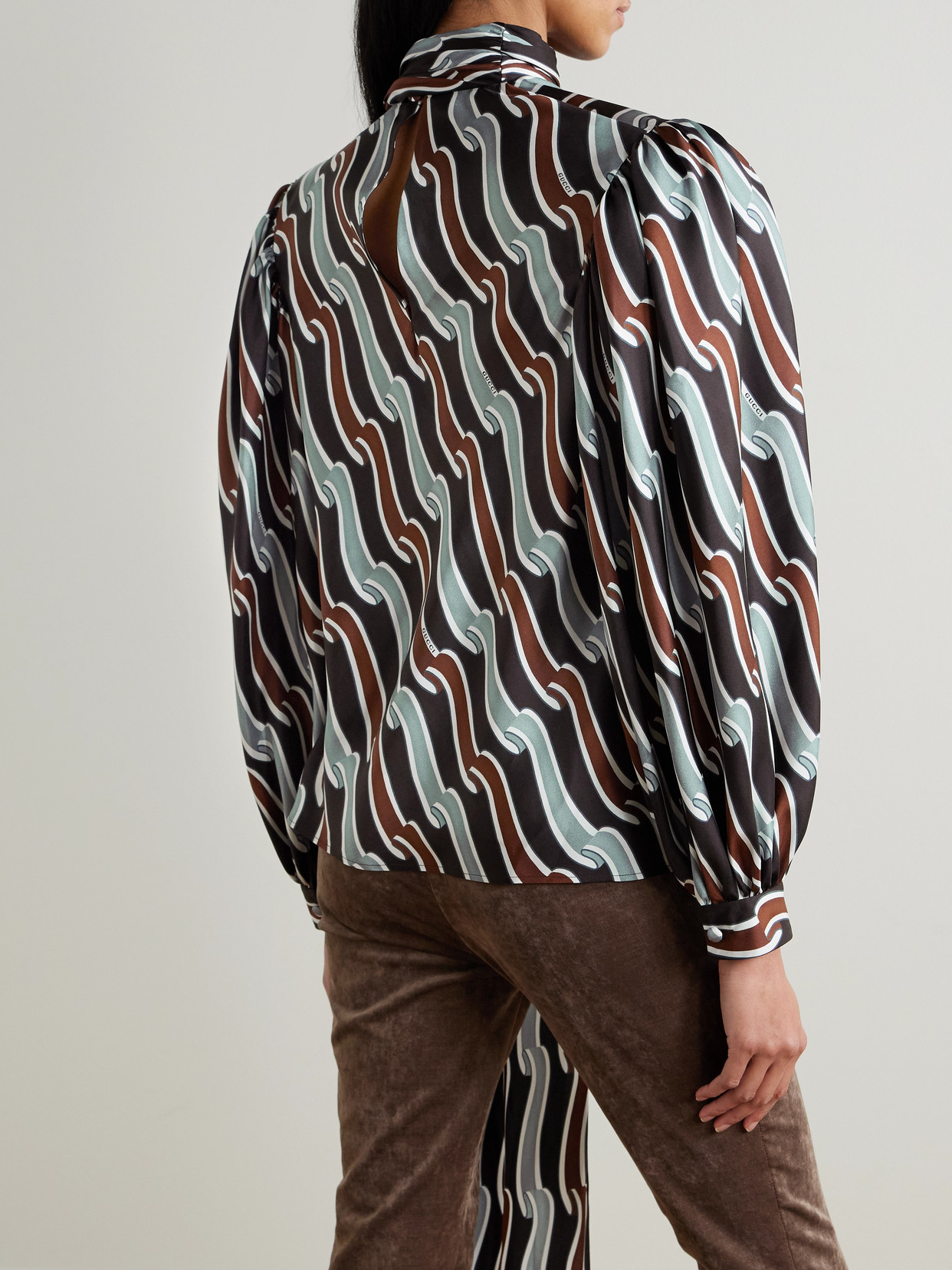 Tie-Detailed Gathered Printed Silk-Jacquard Blouse
