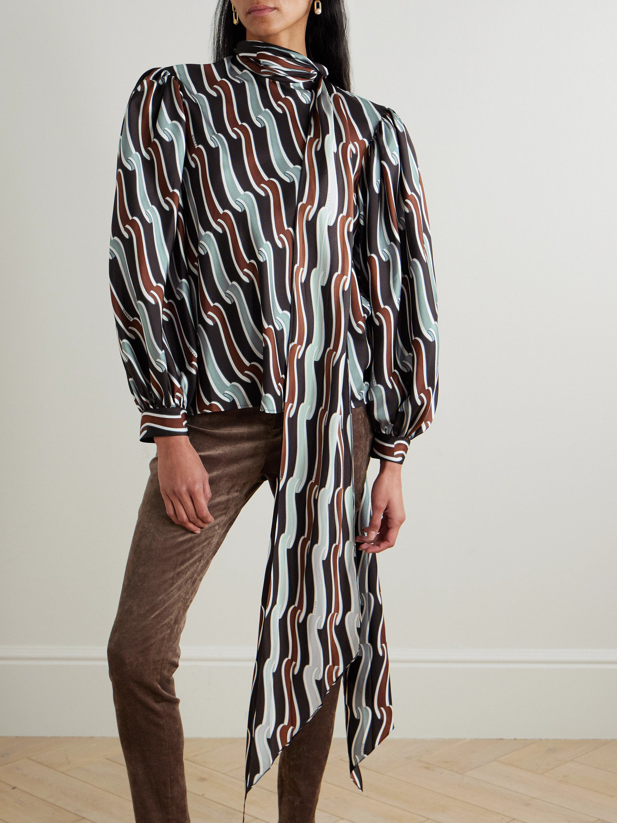 Tie-Detailed Gathered Printed Silk-Jacquard Blouse