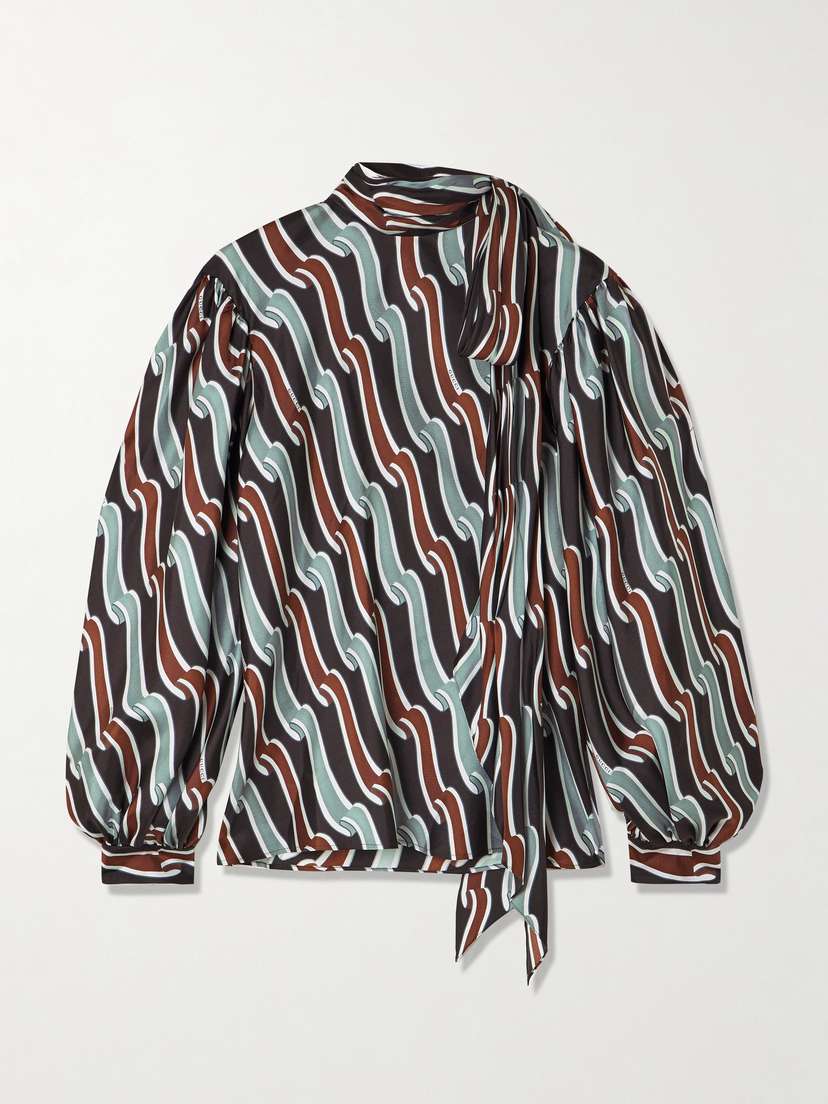 Gucci Tie-detailed Gathered Printed Silk-jacquard Blouse