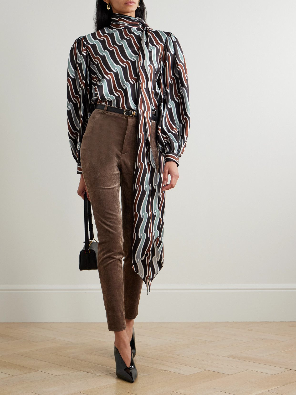 Tie-Detailed Gathered Printed Silk-Jacquard Blouse