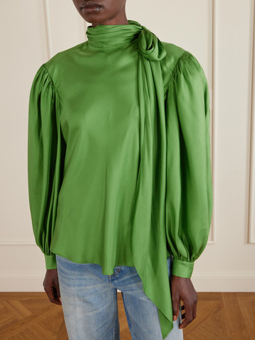 Gucci Tie-neck draped gathered silk satin-twill blouse