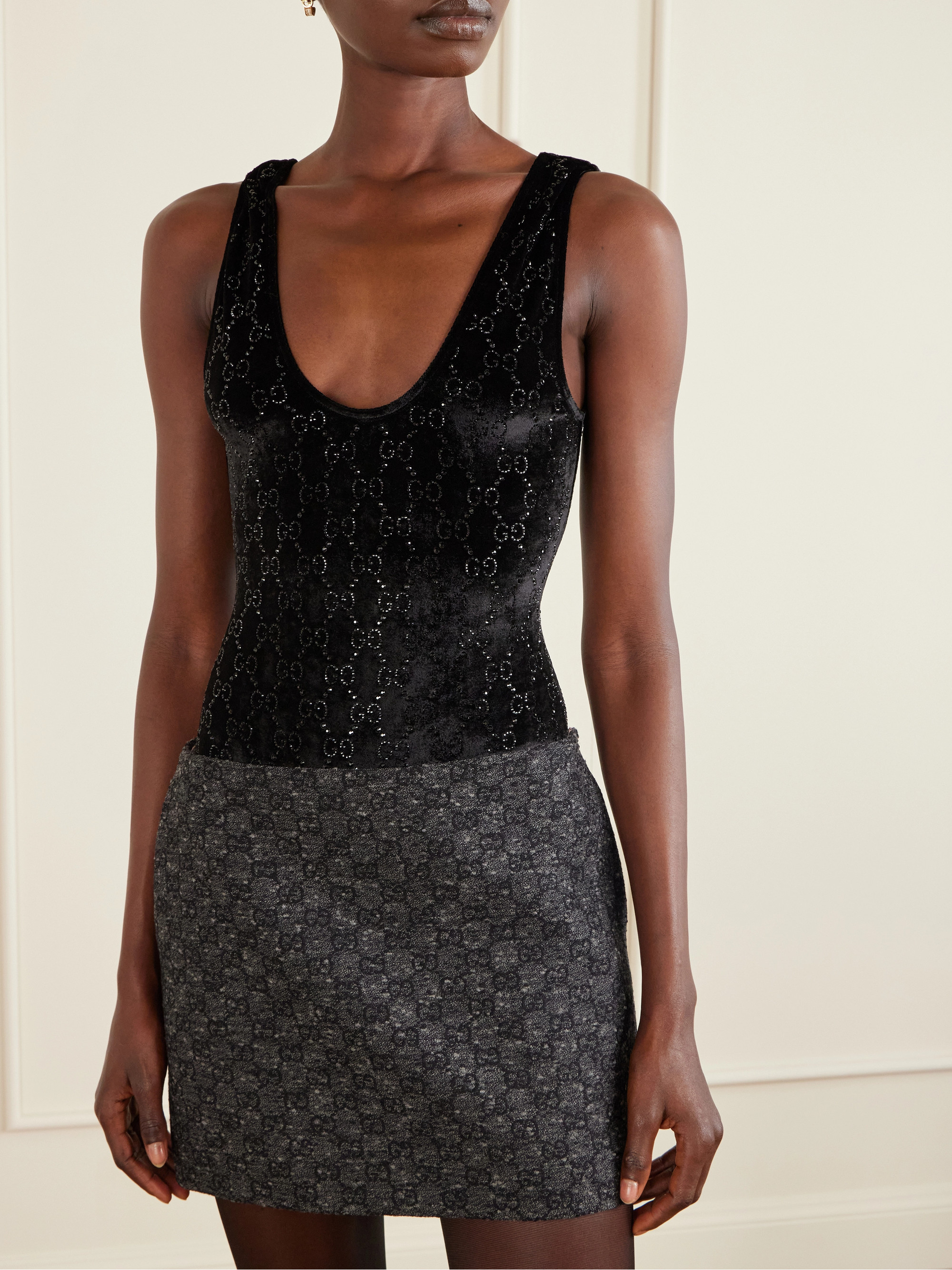 Gucci Crystal-embellished chenille-jacquard bodysuit