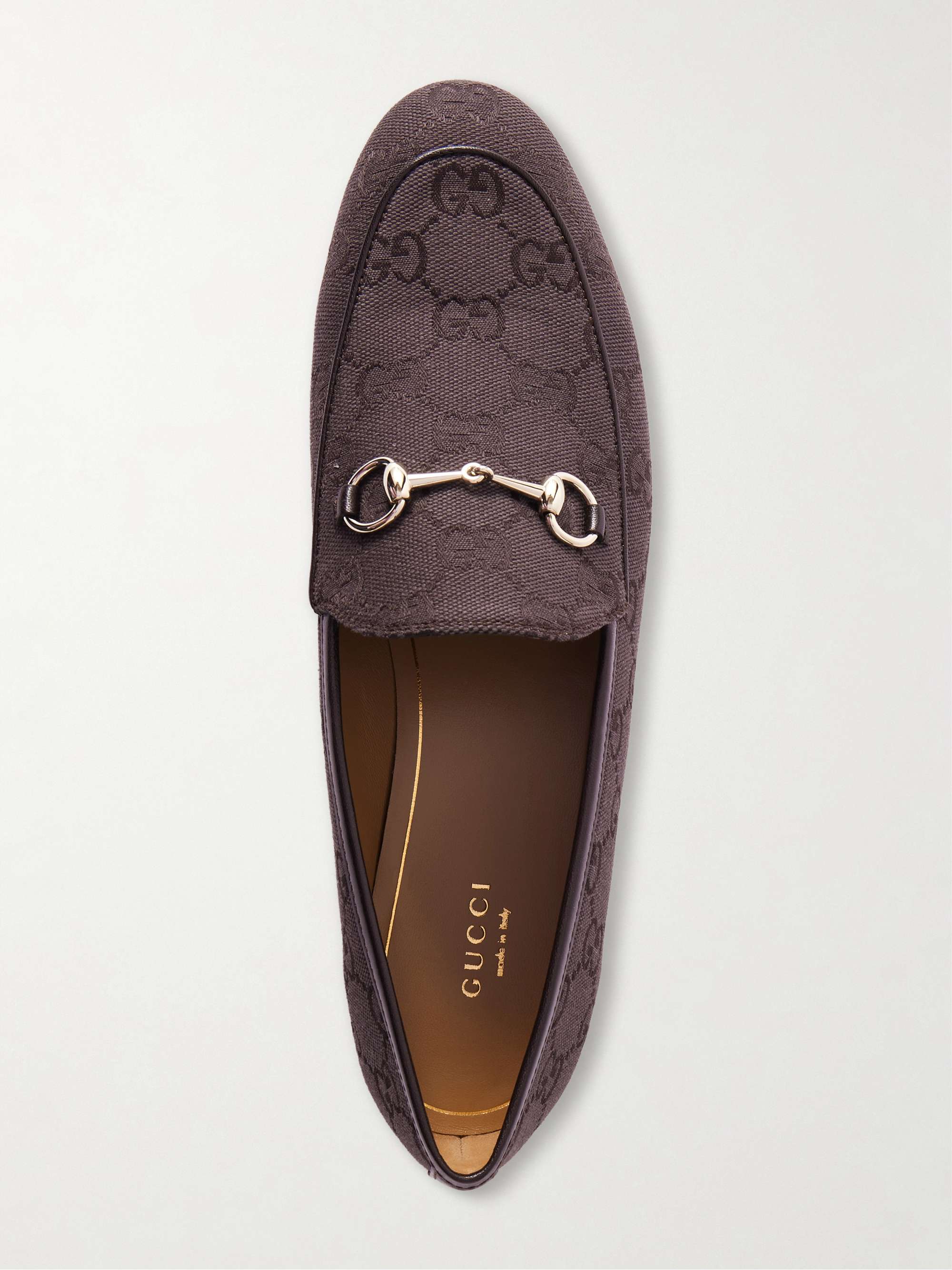 Gucci Dark Brown Patterned Leather Slip-On Loafers GUCCI Jordaan horsebit-detailed leather-trimmed canvas  main image 2