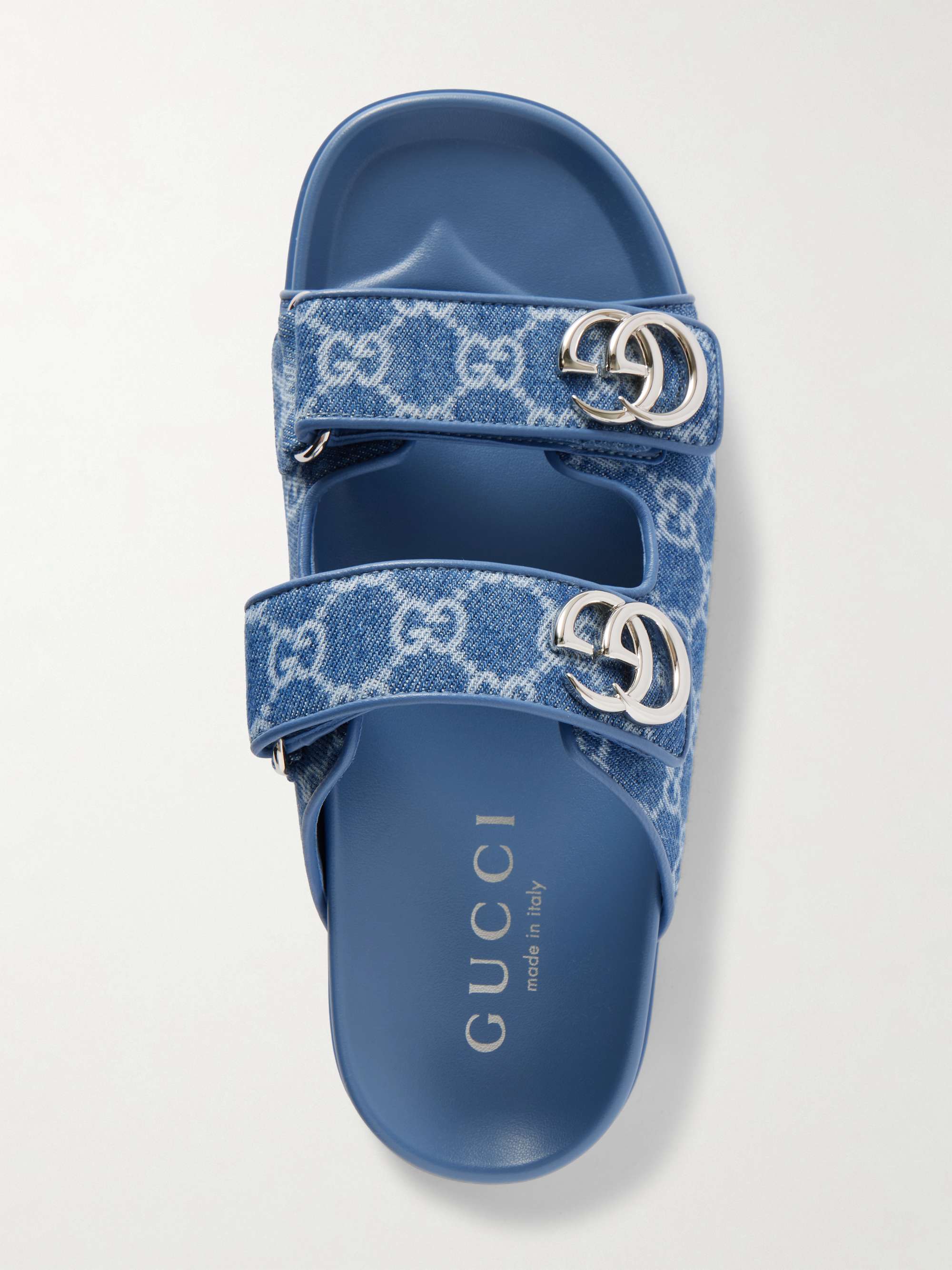 GUCCI Embellished printed denim sandals | NET-A-PORTER