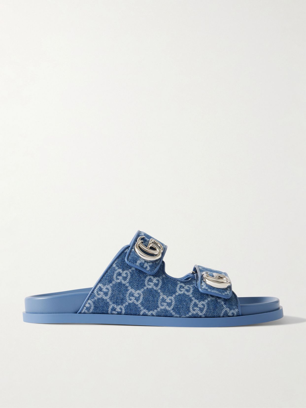 Embellished printed denim sandals