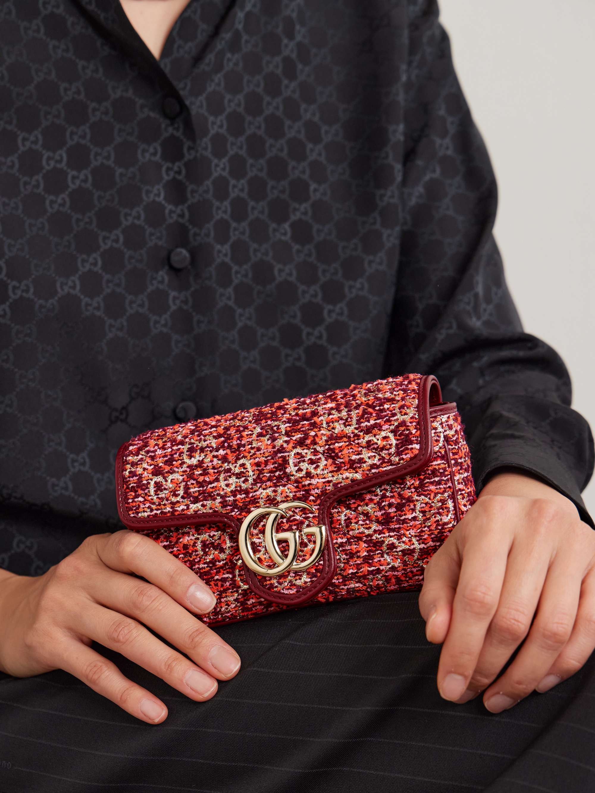 GUCCI GG Marmont mini leather-trimmed bouclé-tweed shoulder bag