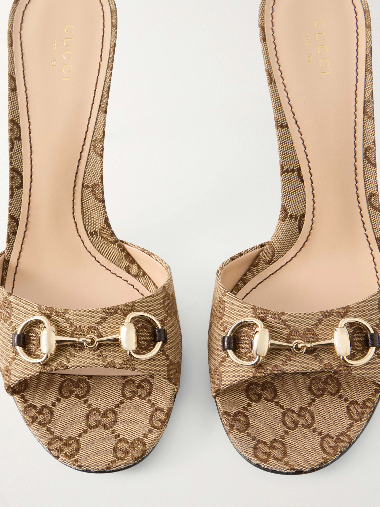 Horsebit-Embellished Canvas-Jacquard Mules