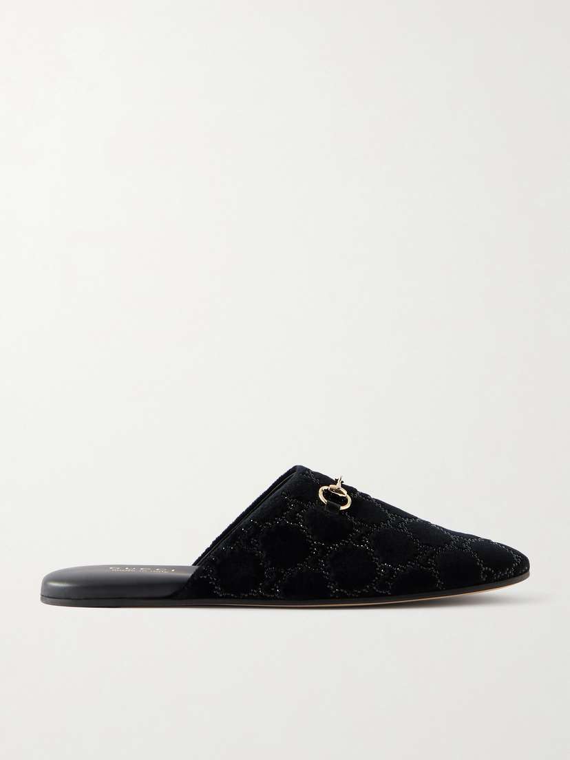 Gucci Crystal-embellished Horsebit-detailed Velvet Slippers