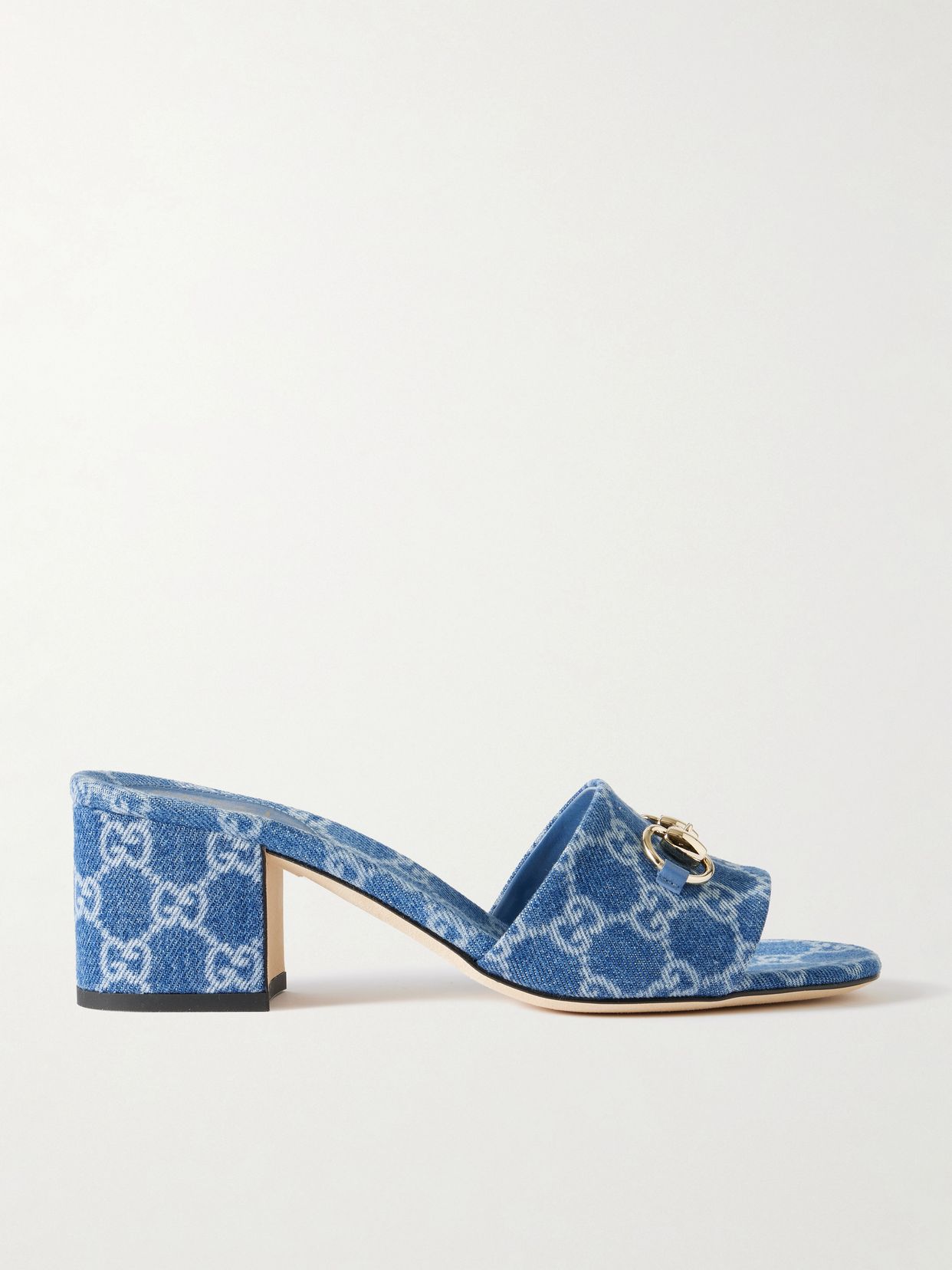 Horsebit-embellished logo-print denim mules