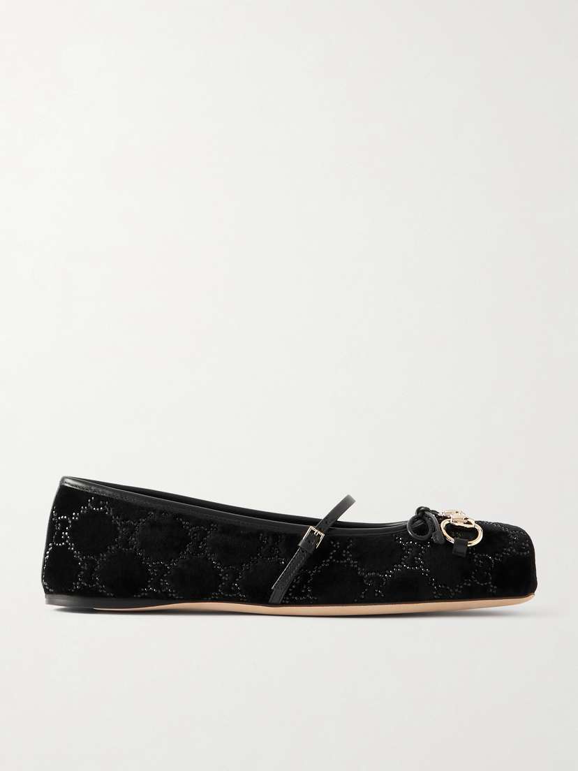 Gucci Horsebit Ballerina Leather-trimmed Crystal-embellished Velvet Flats