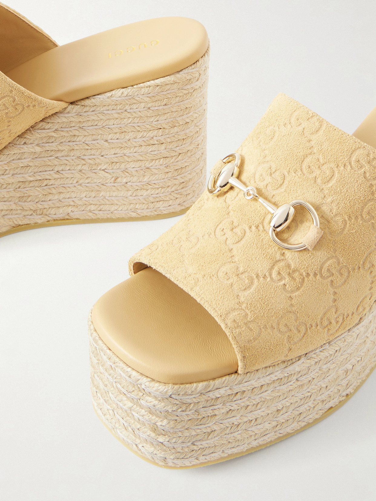 Horsebit-Embellished Logo-Debossed Suede Espadrilles Wedges