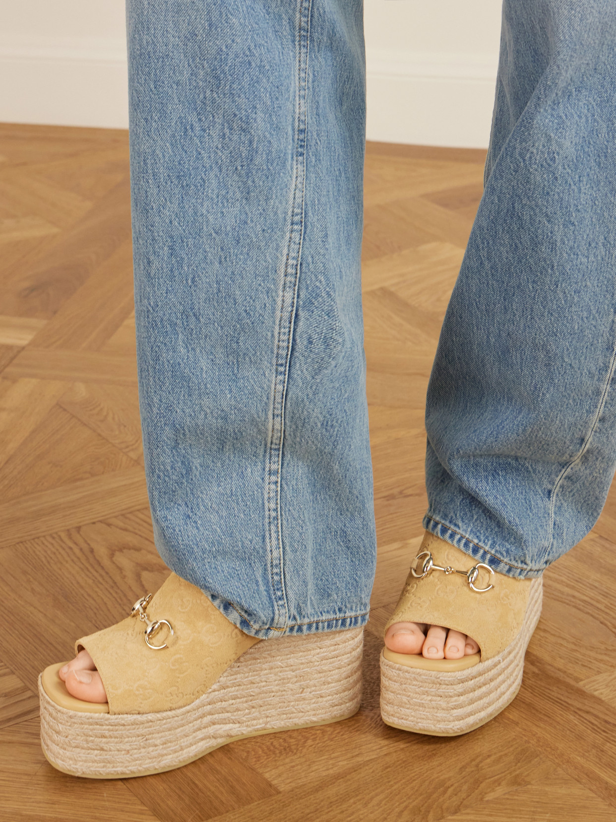 Horsebit-Embellished Logo-Debossed Suede Espadrilles Wedges