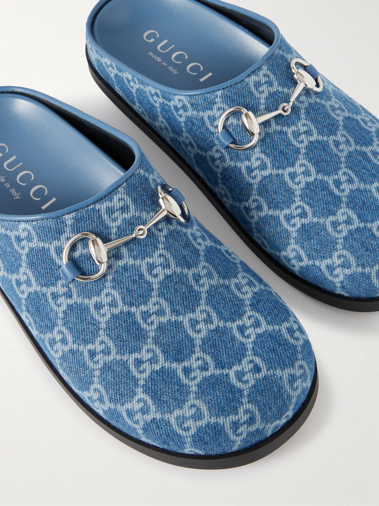 Horsebit-Embellished Printed Denim Slip-Ons