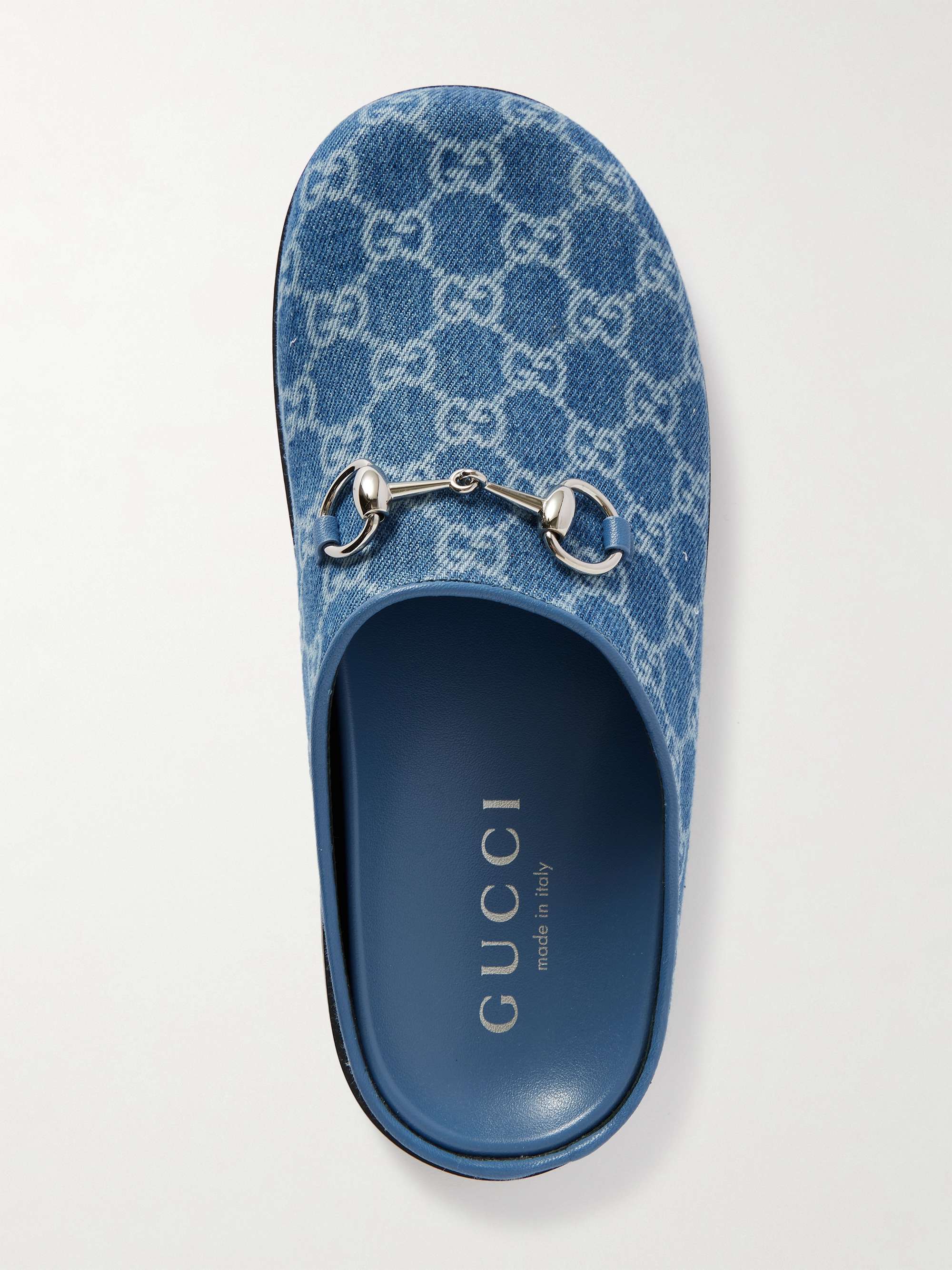 GUCCI Horsebit-embellished printed denim slip-ons | NET-A-PORTER