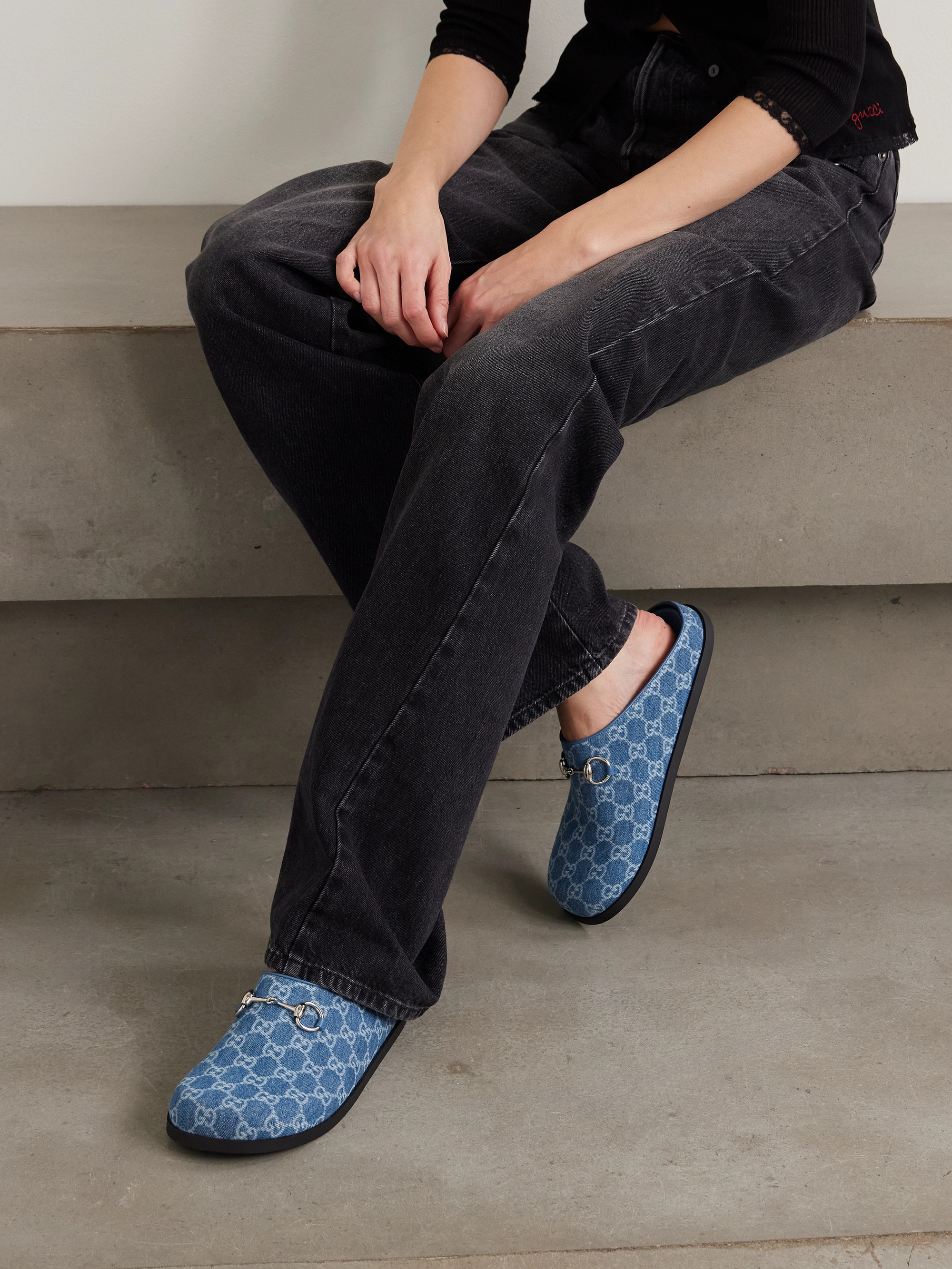 Gucci Horsebit-embellished printed denim mules thumbnail