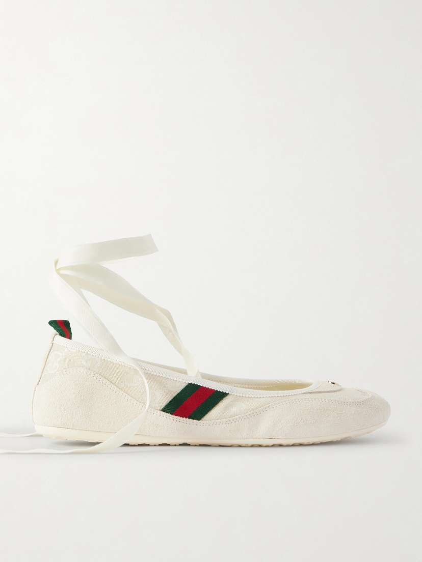 Gucci Shift Webbing-trimmed Canvas-jacquard And Suede Ballet Flats