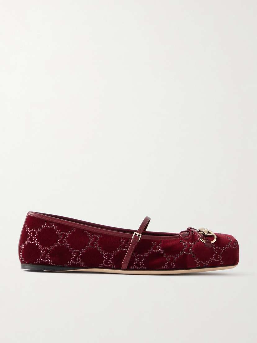 Gucci Horsebit Ballerina Leather-trimmed Crystal-embellished Velvet Flats