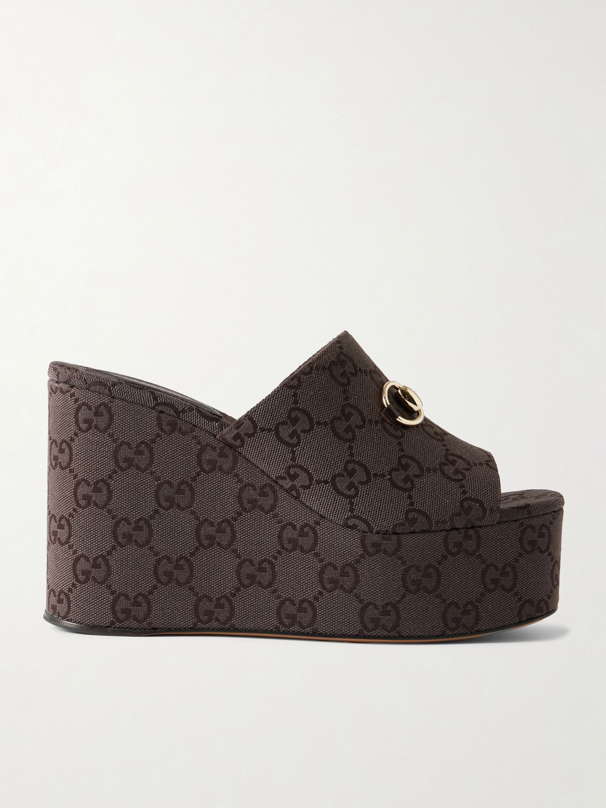 Horsebit-embellished canvas-jacquard platform mules
