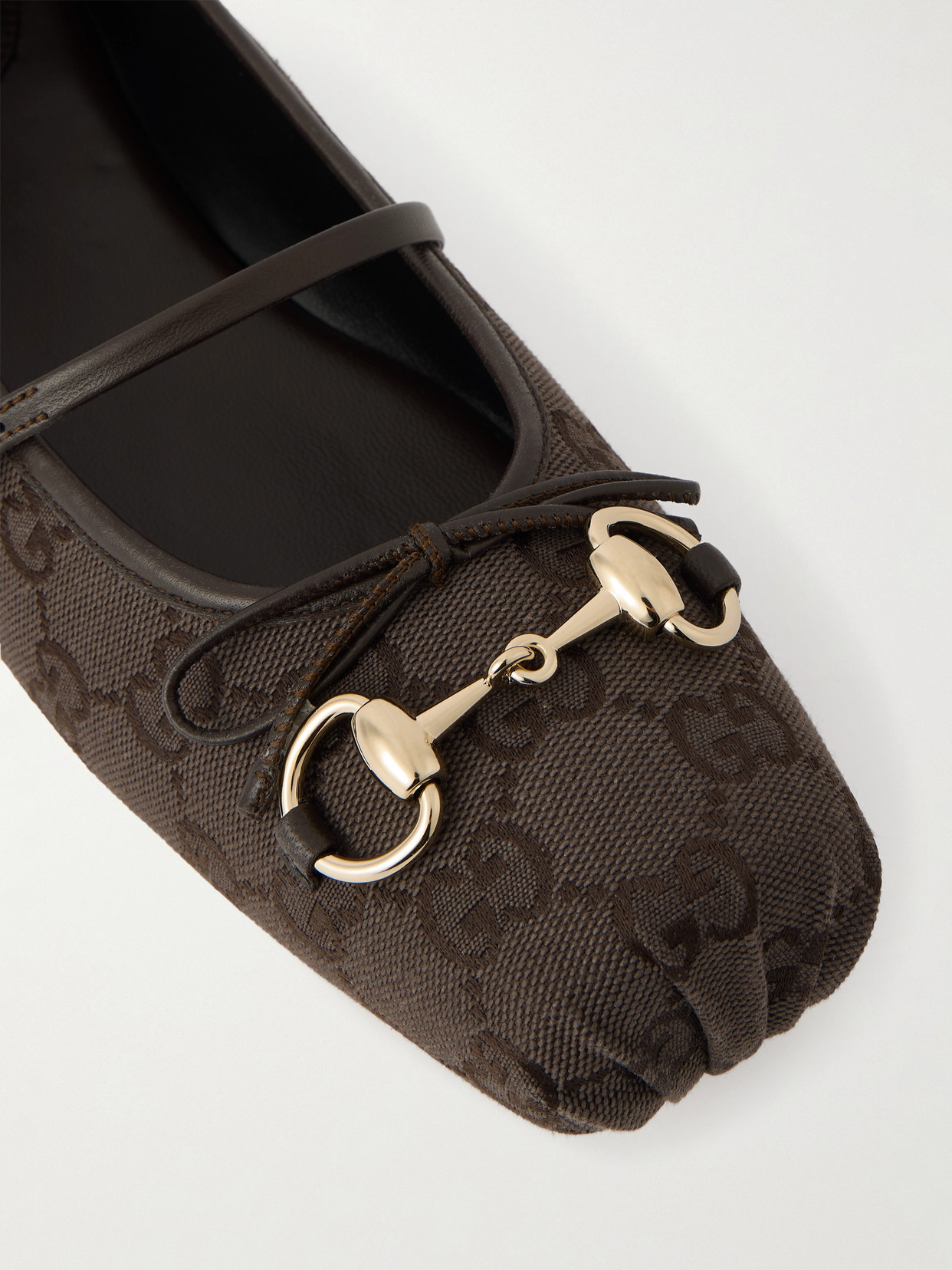 Horsebit-Embellished Bow-Detailed Canvas-Jacquard Ballet Flats