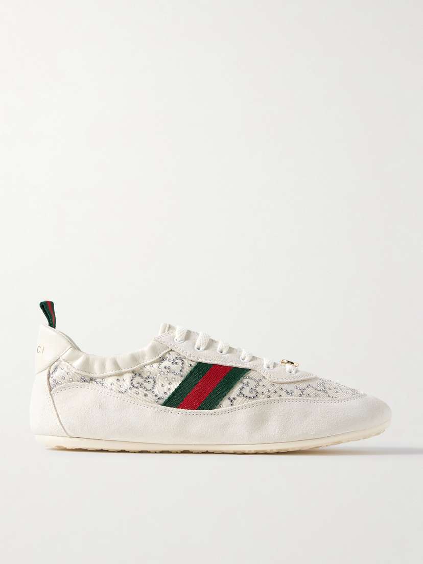 Gucci Swift Webbing And Leather-trimmed Embellished Mesh And Suede Sneakers