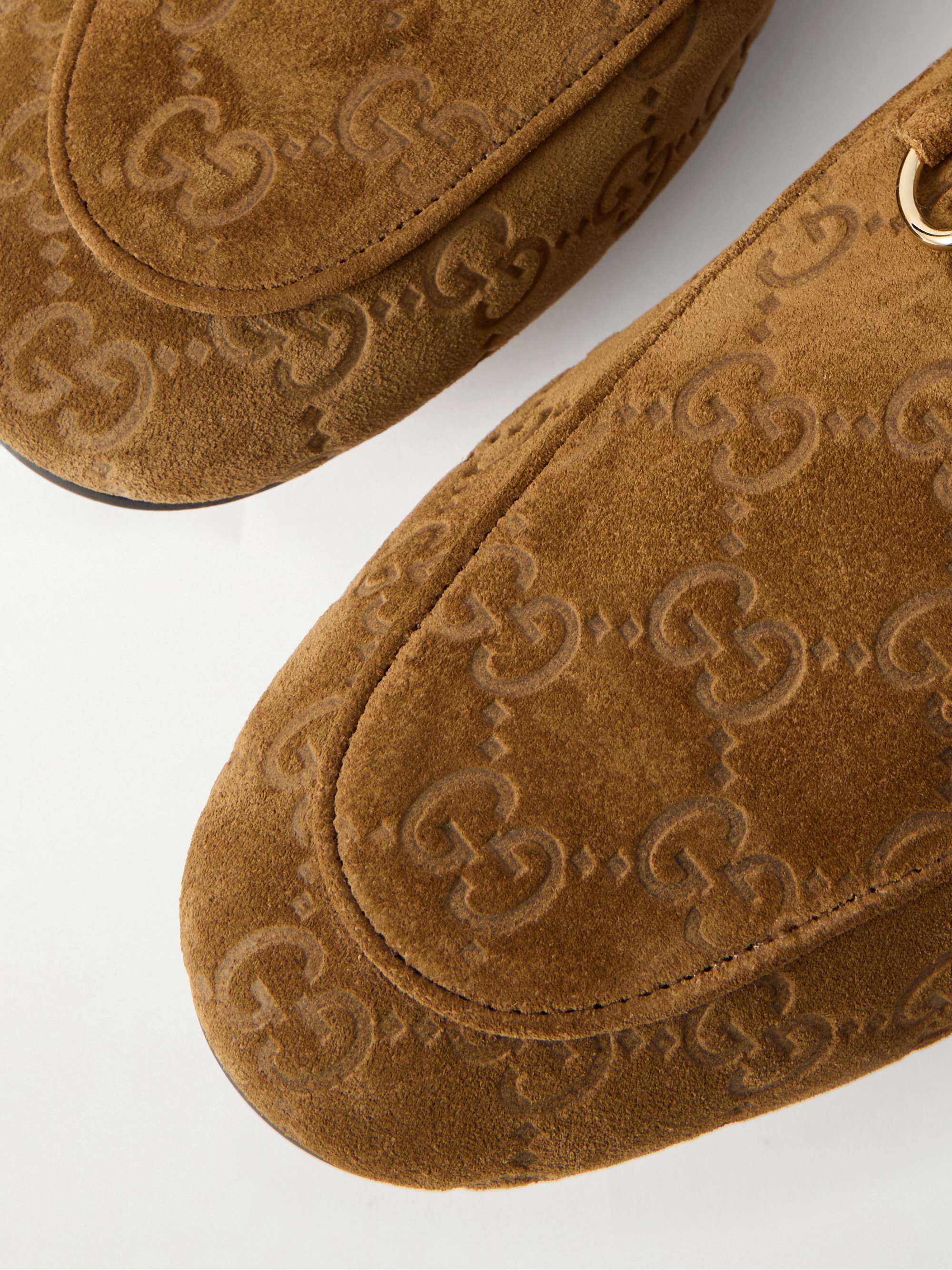 GUCCI Jordaan horsebit-embellished logo-debossed suede loafers