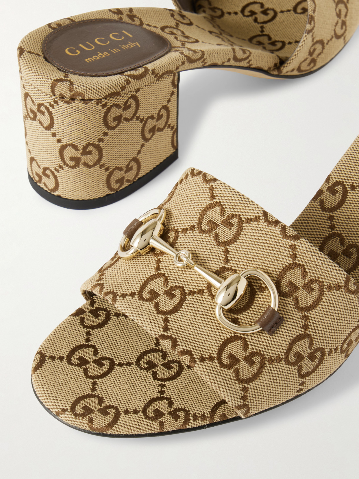 Horsebit-Embellished Canvas-Jacquard Mules