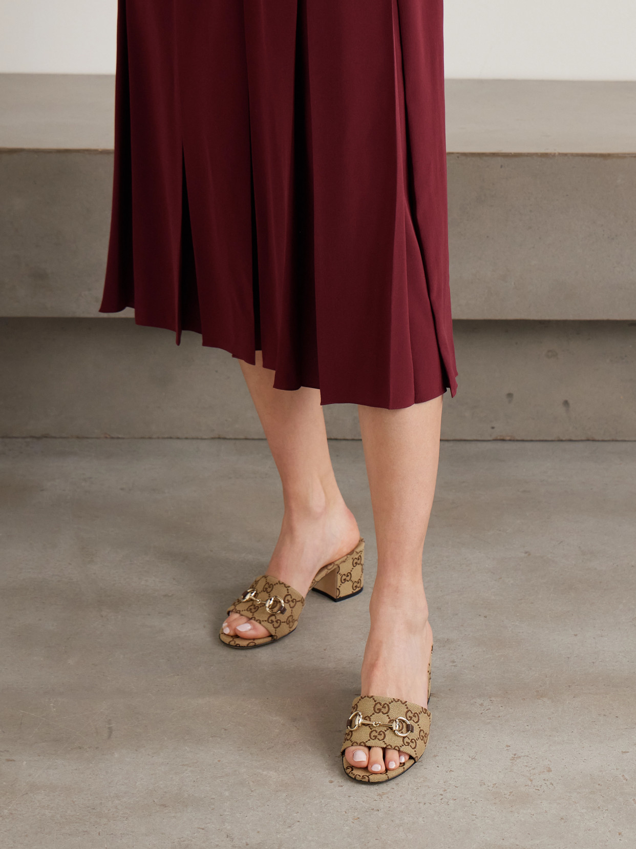 Horsebit-Embellished Canvas-Jacquard Mules