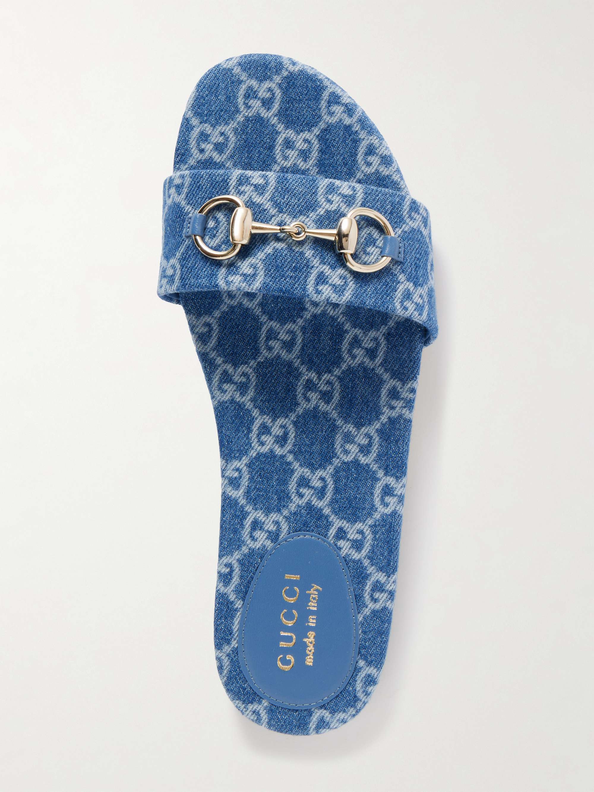 GUCCI Horsebit-embellished printed denim slides | NET-A-PORTER
