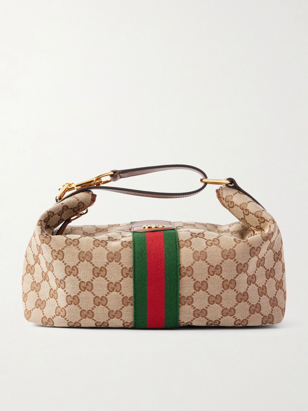 Ophidia leather-trimmed striped coated-canvas clutch