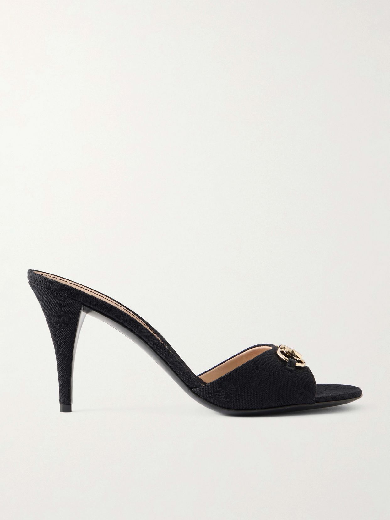 Horsebit-embellished canvas-jacquard mules