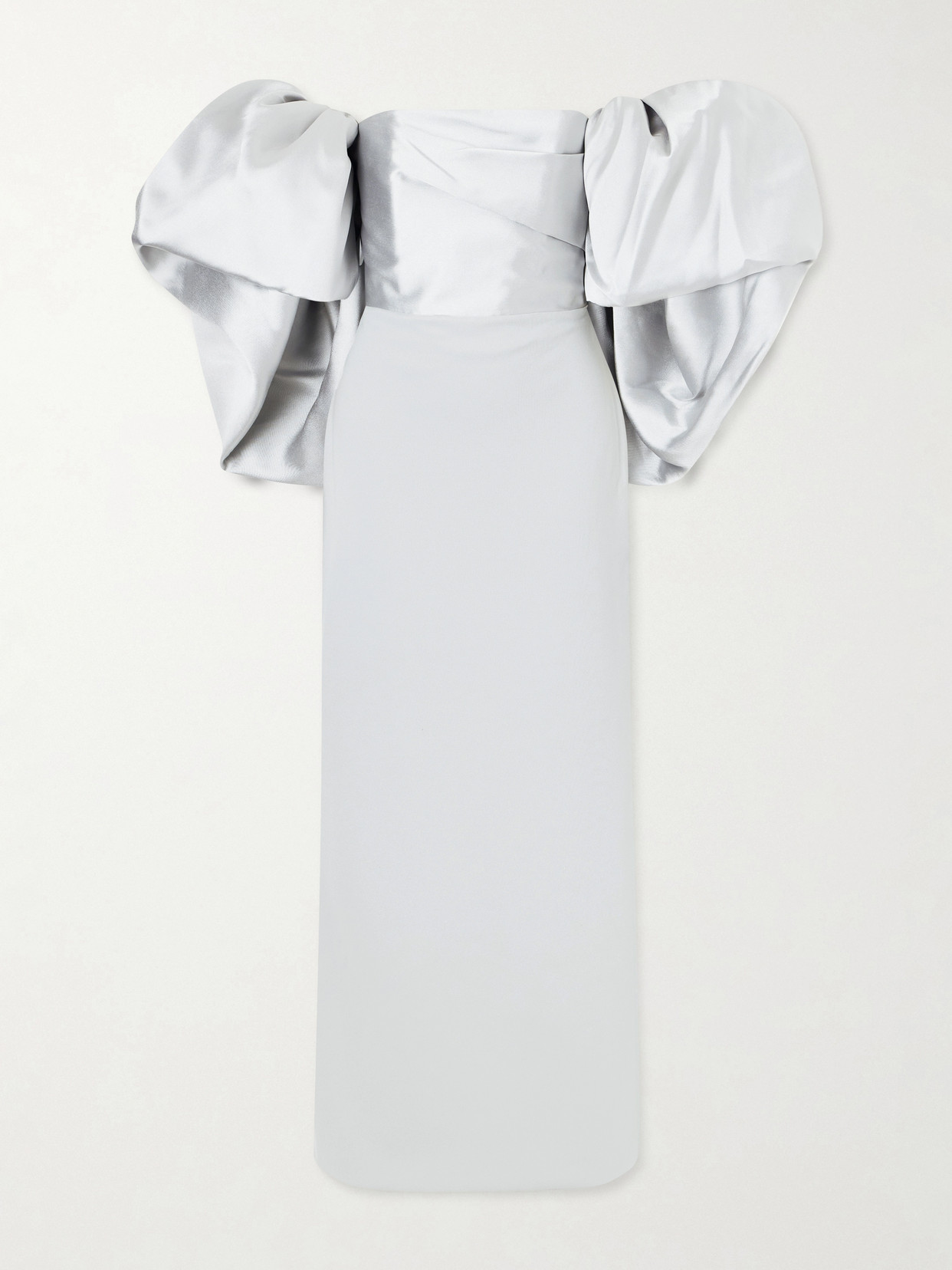 Solace London Floris Off-the-shoulder Satin-twill And Crepe Maxi Dress In Gray