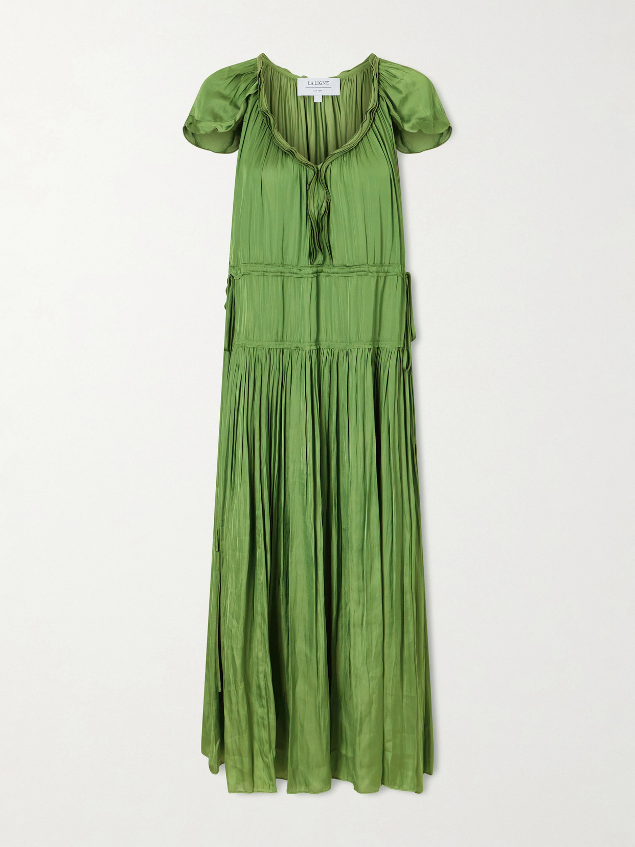 La Ligne Pintucked Ruffled Satin Midi Dress In Green