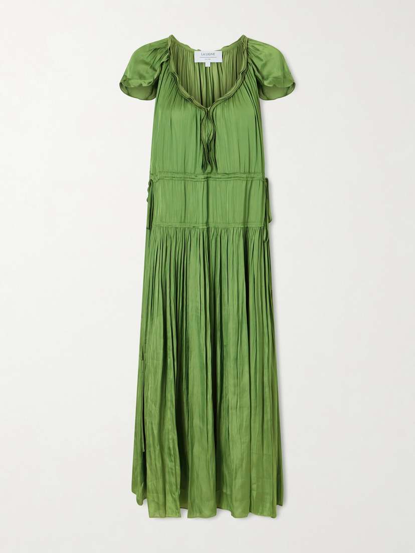 La Ligne Sienna Pintucked Ruffled Satin Midi Dress