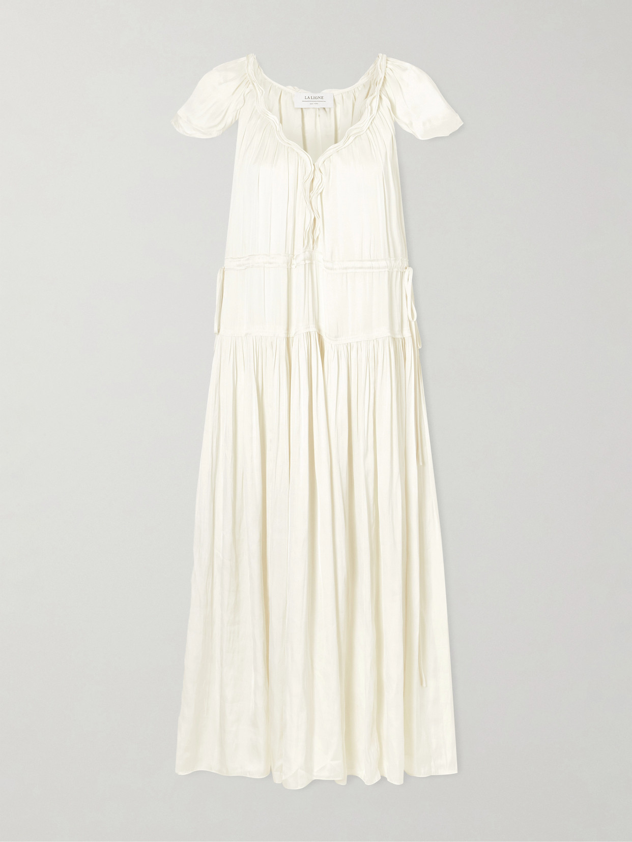 La Ligne Pintucked Ruffled Satin Midi Dress In White