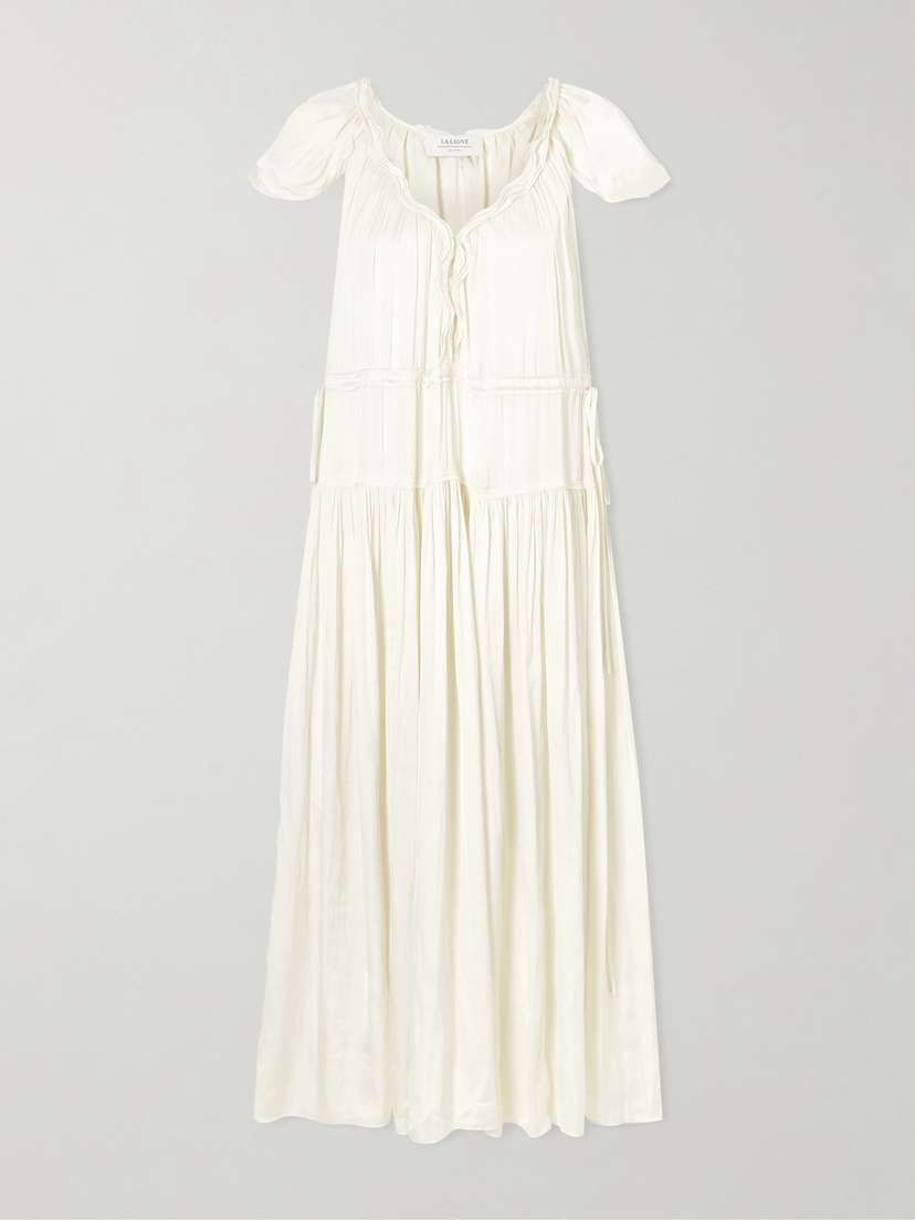 La Ligne Pintucked Ruffled Satin Midi Dress