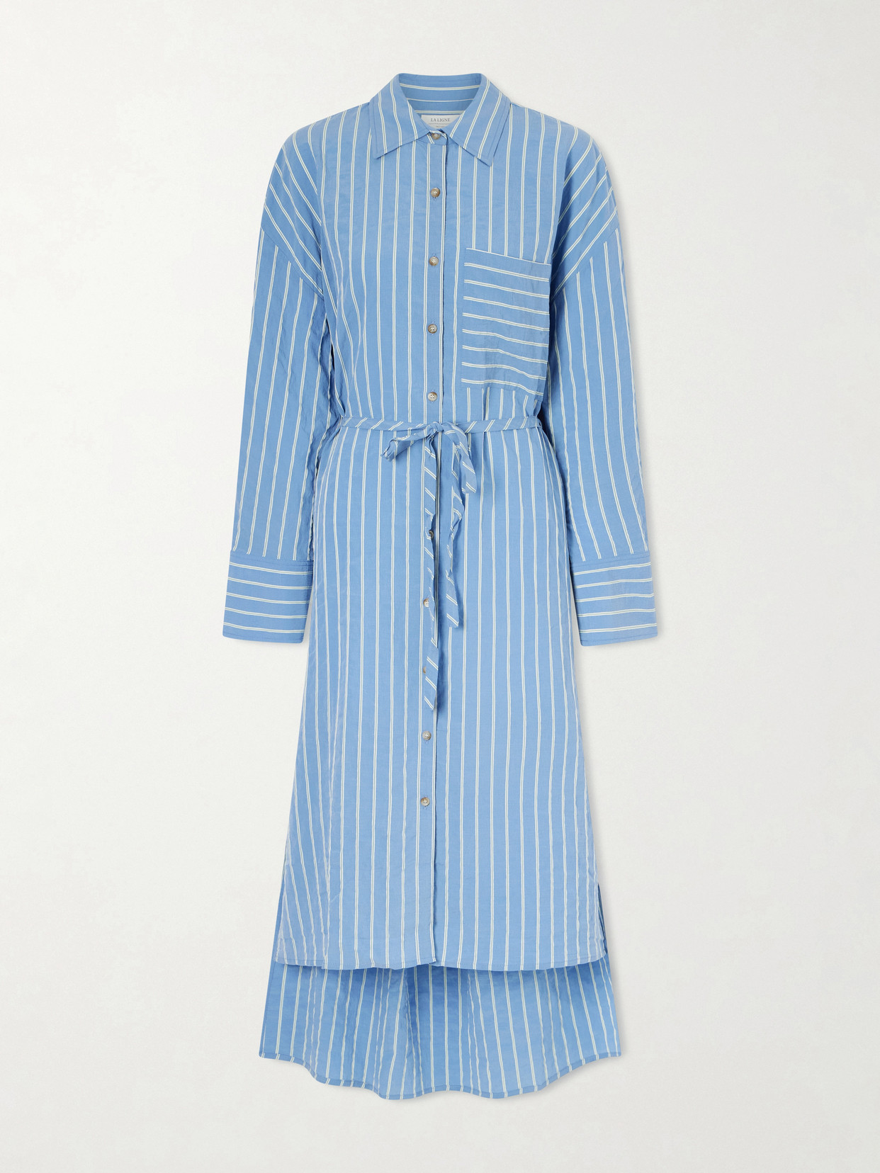 La Ligne Tangier Striped Tie-detailed Tencel® Seersucker Midi Dress In Blue