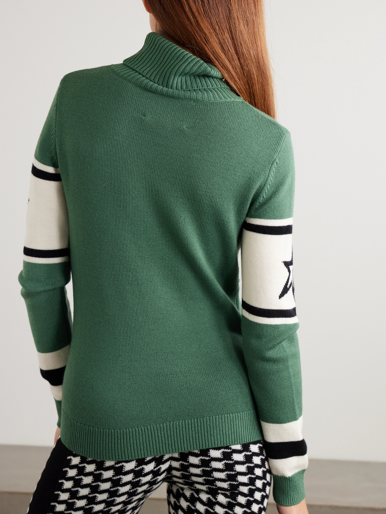 Perfect Moment Schild Intarsia Merino Wool Turtleneck Sweater In Green