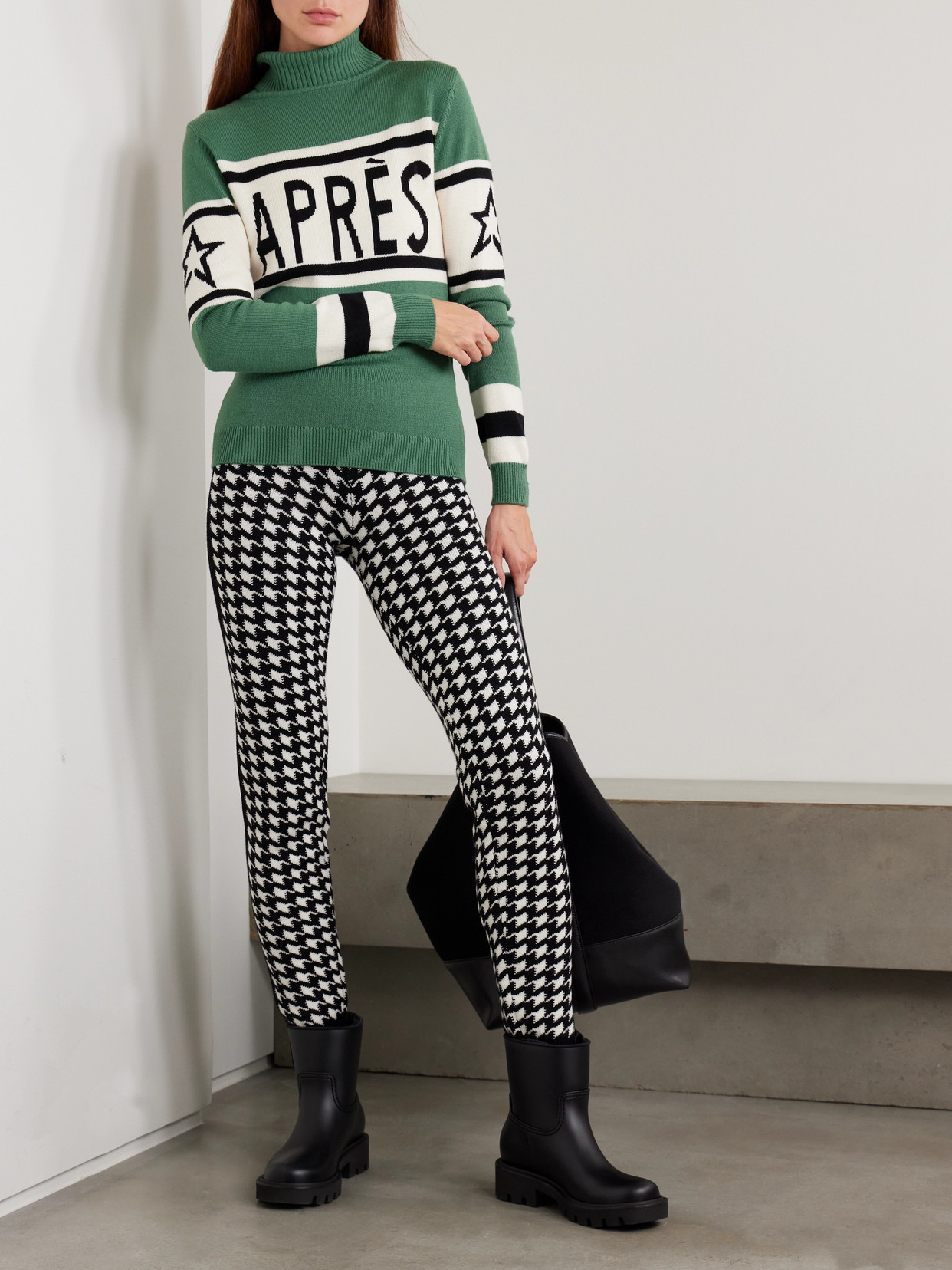 Perfect Moment Schild Intarsia Merino Wool Turtleneck Sweater In Green