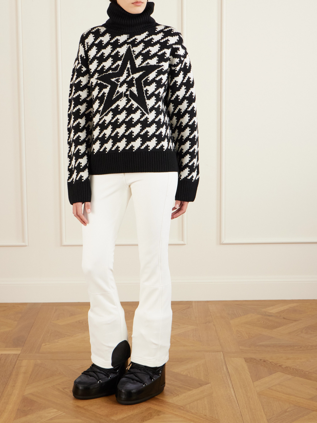 Perfect Moment Oversized Houndstooth Merino Wool Turtleneck Sweater In White