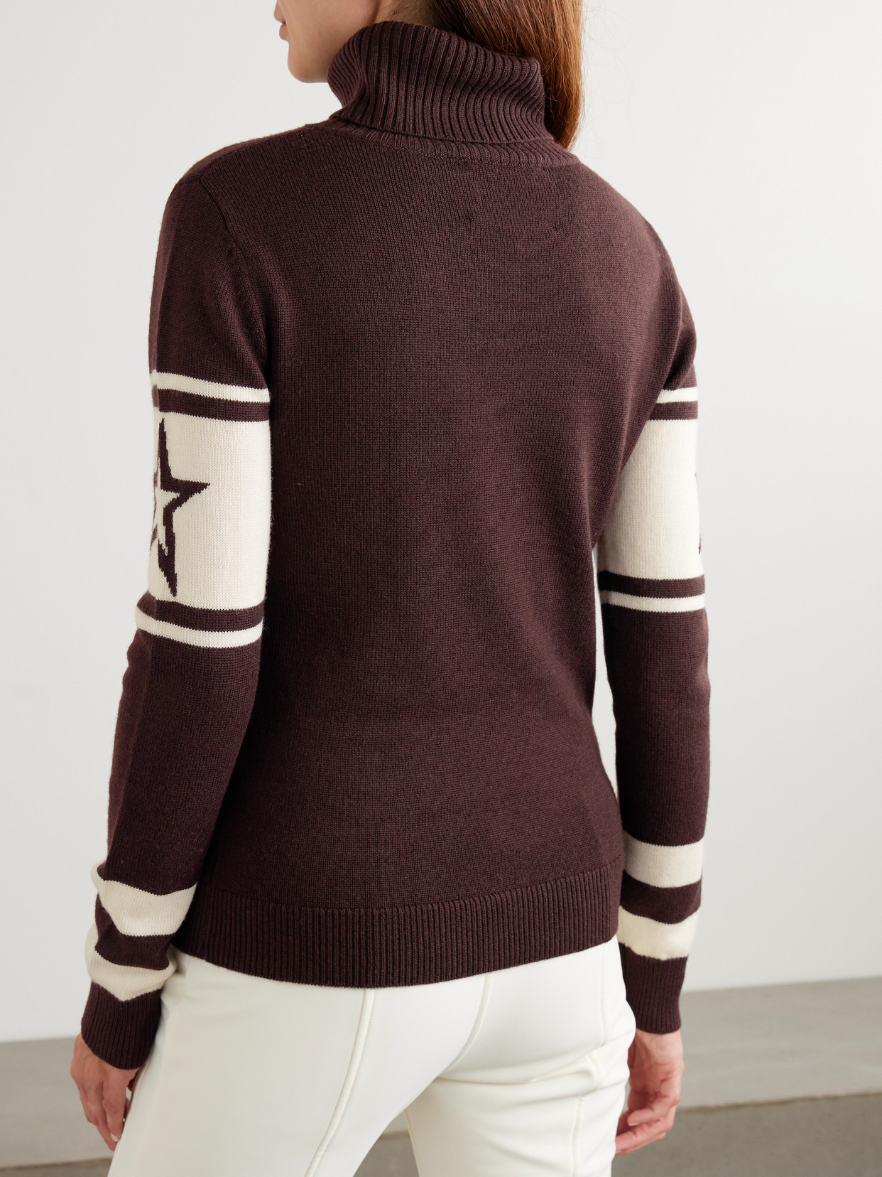 Perfect Moment Intarsia Merino Wool Turtleneck Sweater In Brown